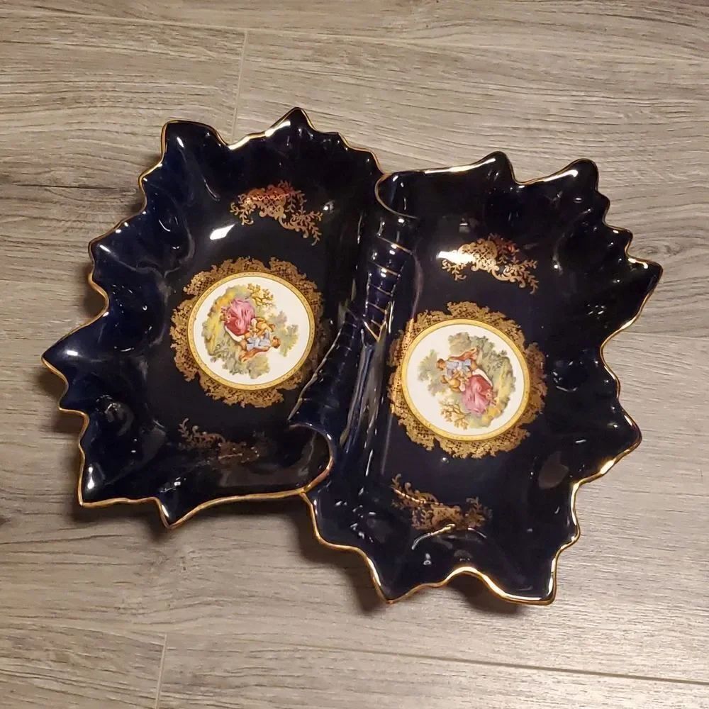 Vintage XL European Design Intricate Gold Leaf Porcelain Tray w/Handles